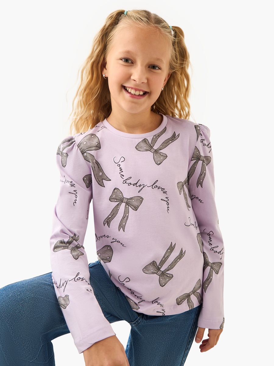 Bow Print Cotton Round Neck T-Shirt with Long Sleeves