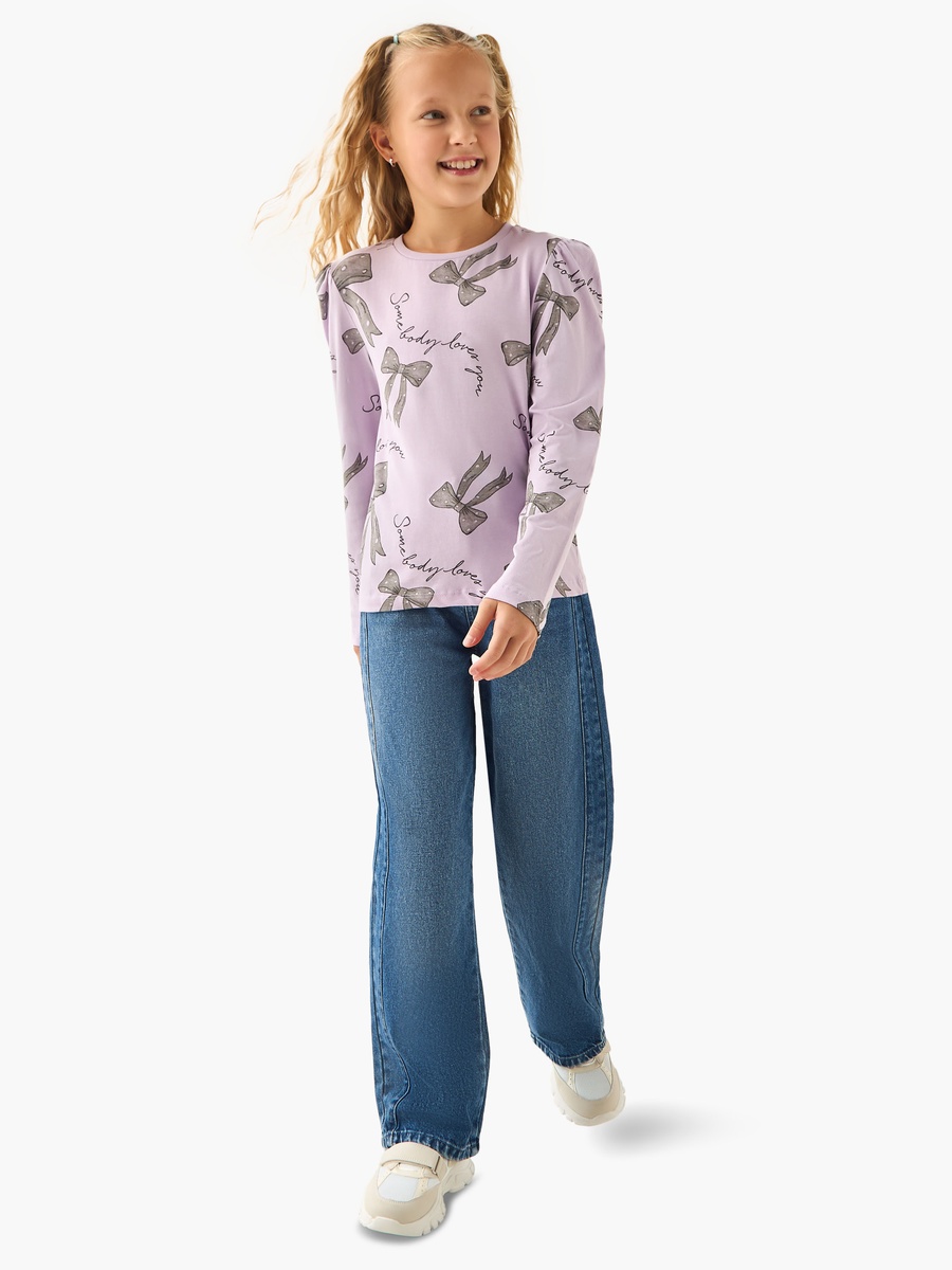 Bow Print Cotton Round Neck T-Shirt with Long Sleeves