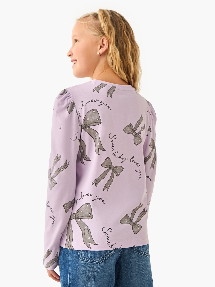 Bow Print Cotton Round Neck T-Shirt with Long Sleeves