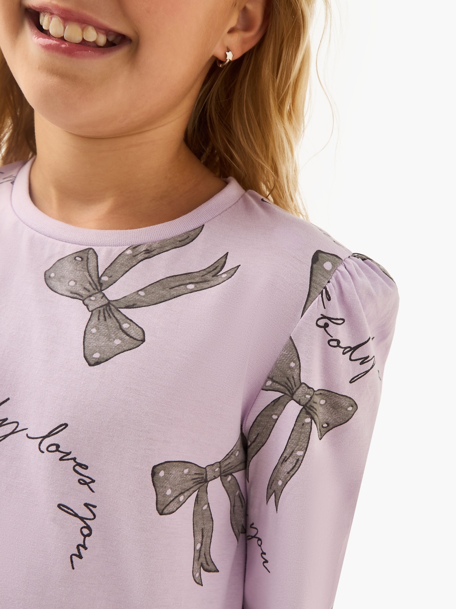 Bow Print Cotton Round Neck T-Shirt with Long Sleeves