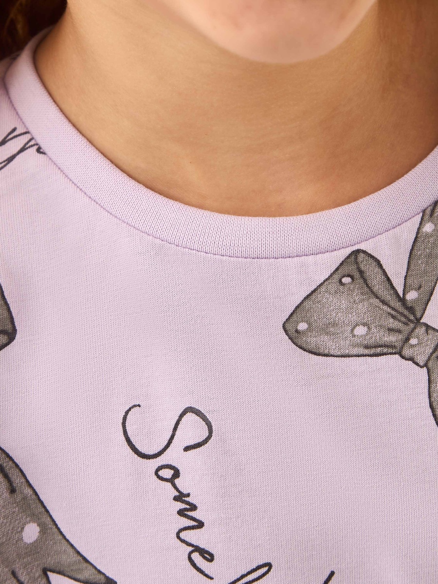 Bow Print Cotton Round Neck T-Shirt with Long Sleeves