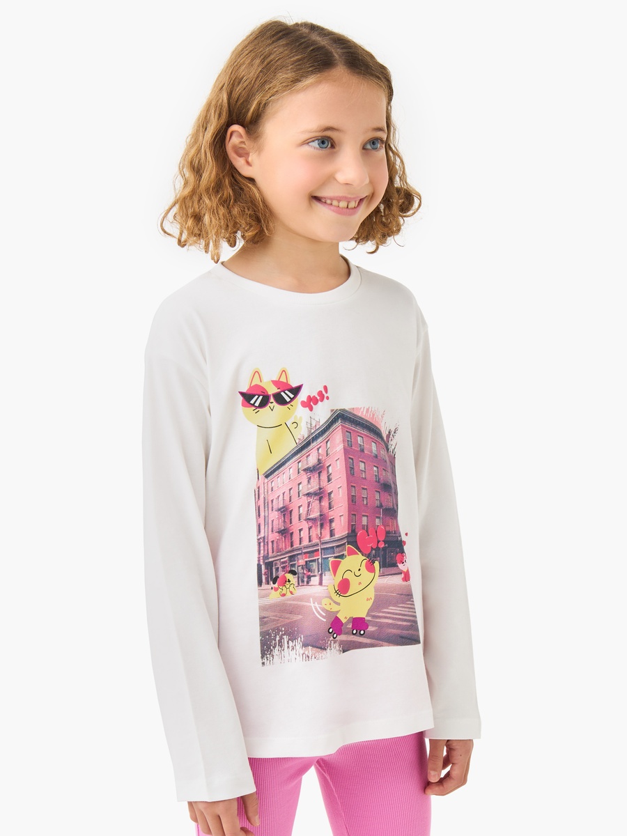 Graphic Print Cotton Crew Neck T-Shirt with Long Sleeves