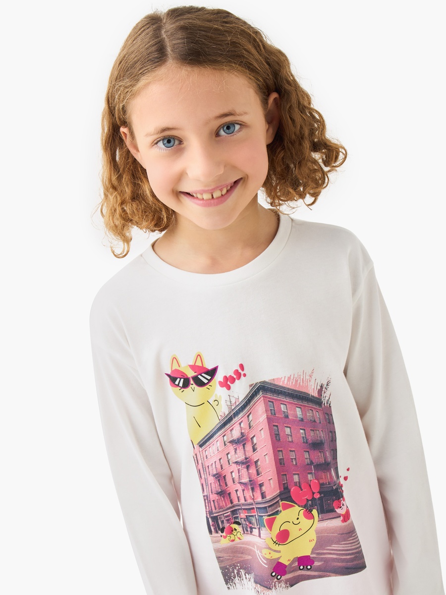 Graphic Print Cotton Crew Neck T-Shirt with Long Sleeves