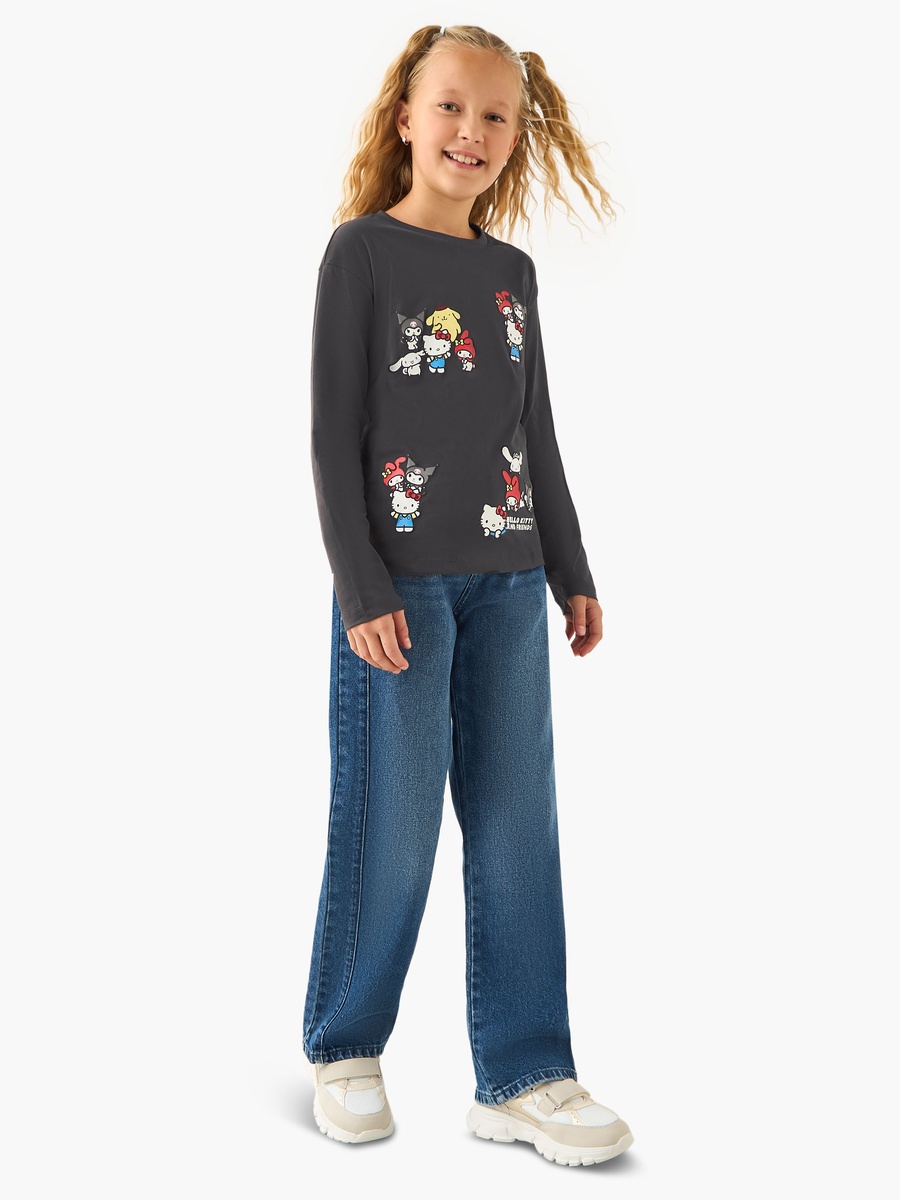 Hello Kitty and Friends Print Cotton Crew Neck T-Shirt with Long Sleeves