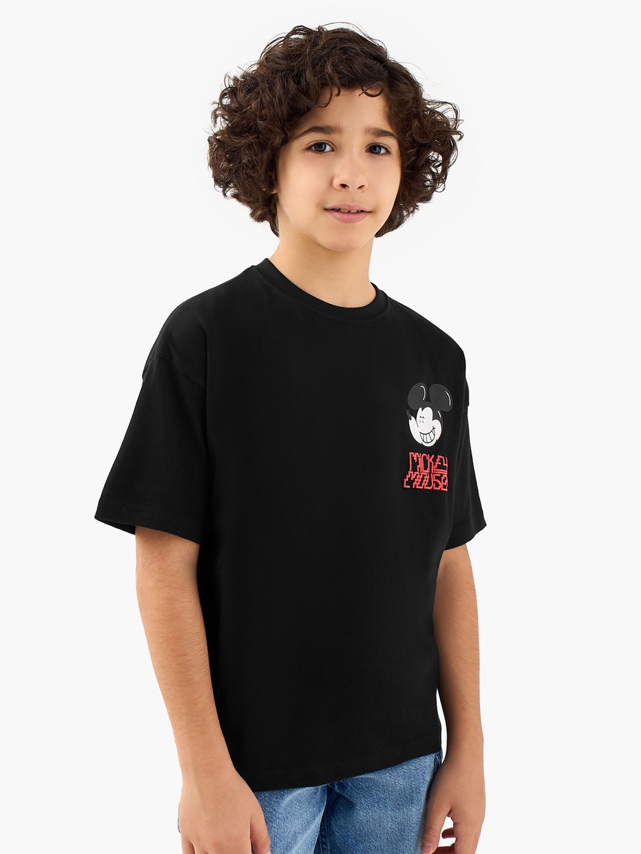 Mickey Mouse Print Cotton Crew Neck T-Shirt with Short Sleeves