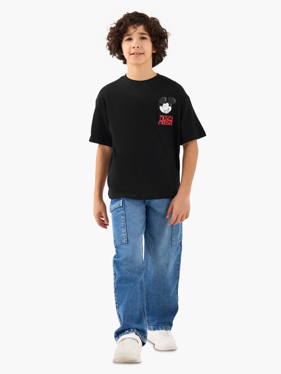 Mickey Mouse Print Cotton Crew Neck T-Shirt with Short Sleeves