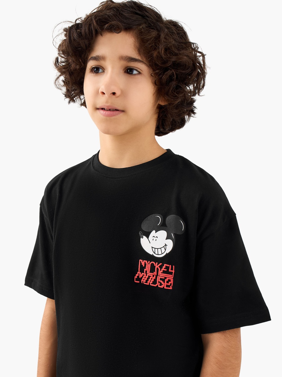 Mickey Mouse Print Cotton Crew Neck T-Shirt with Short Sleeves