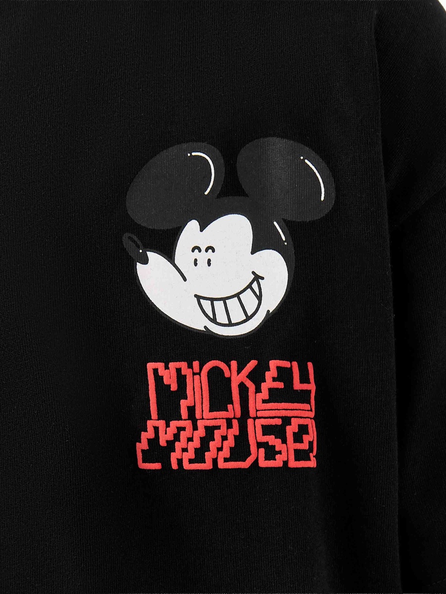 Mickey Mouse Print Cotton Crew Neck T-Shirt with Short Sleeves