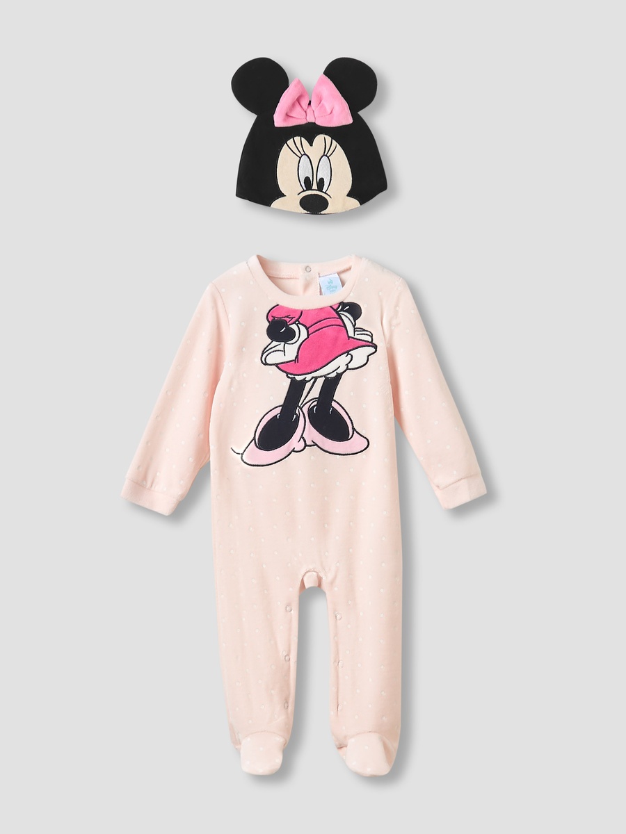 Crew Neck Sleepsuit with Minnie Mouse Print and Cap