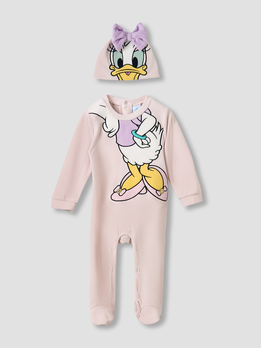 Crew Neck Sleepsuit with Daisy Duck Print and Cap