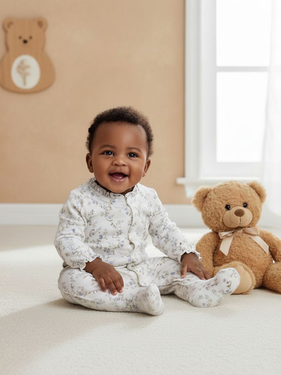 Round Neck Footed Sleepsuit with Floral Print