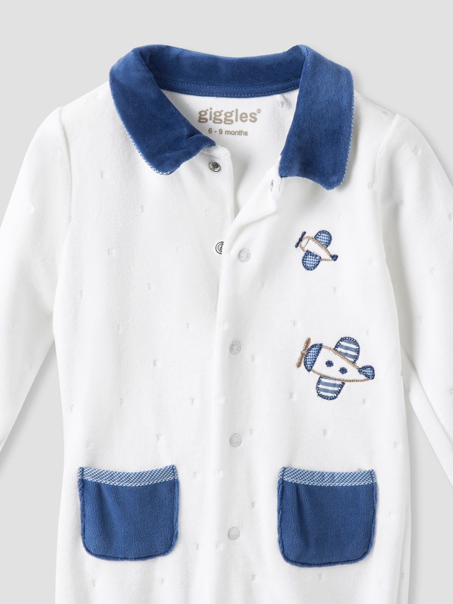 Collared Closed Foot Sleepsuit with Aeroplane Embroidery