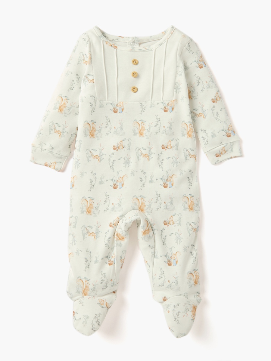 Rabbit Print Sleepsuit with Pintuck and Button Detail