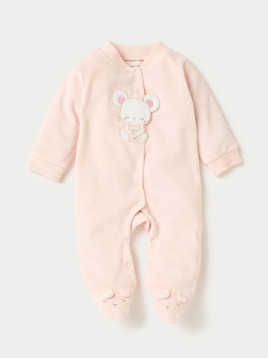 Mouse Applique Closed Feet Velour Sleepsuit with Button Closure