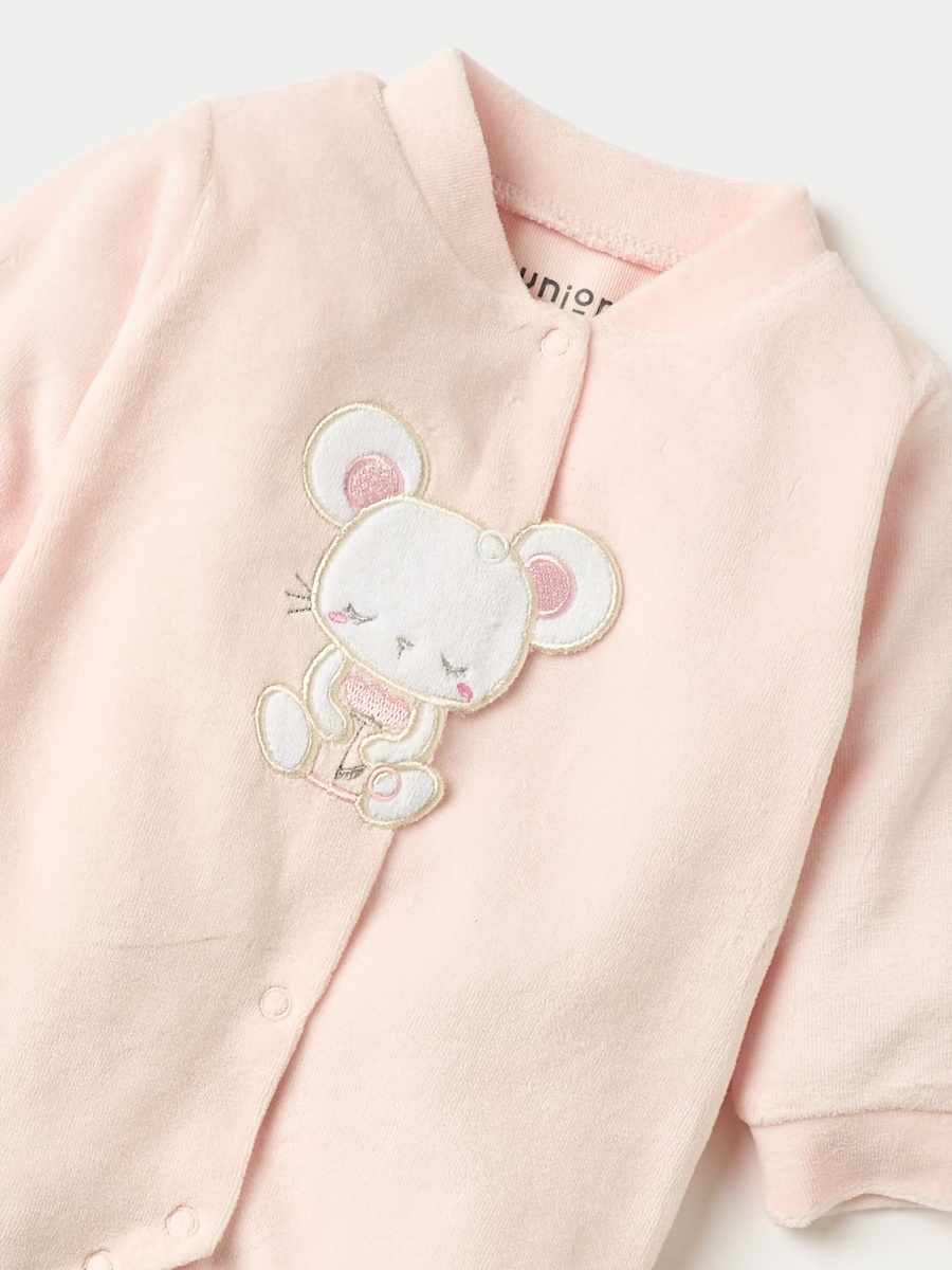 Mouse Applique Closed Feet Velour Sleepsuit with Button Closure
