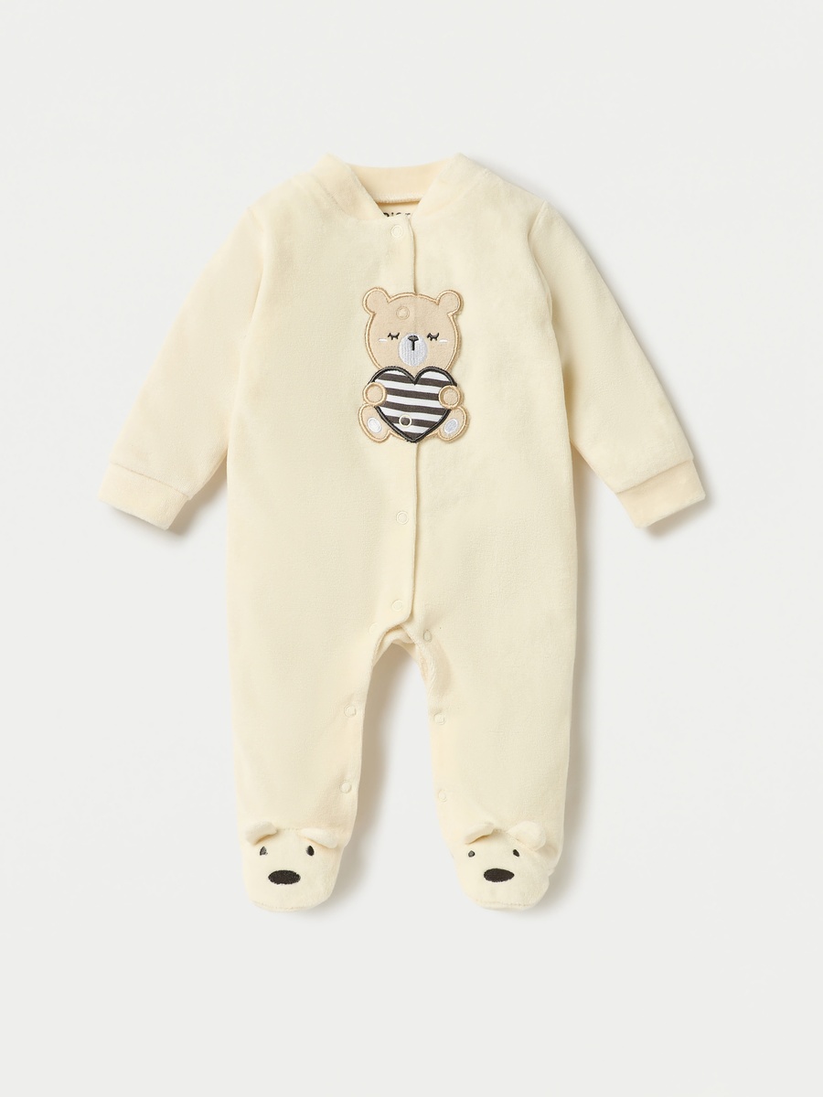 Bear Applique Velour Closed Feet Sleepsuit with Snap Button Closure
