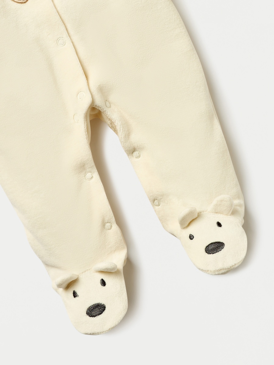Bear Applique Velour Closed Feet Sleepsuit with Snap Button Closure