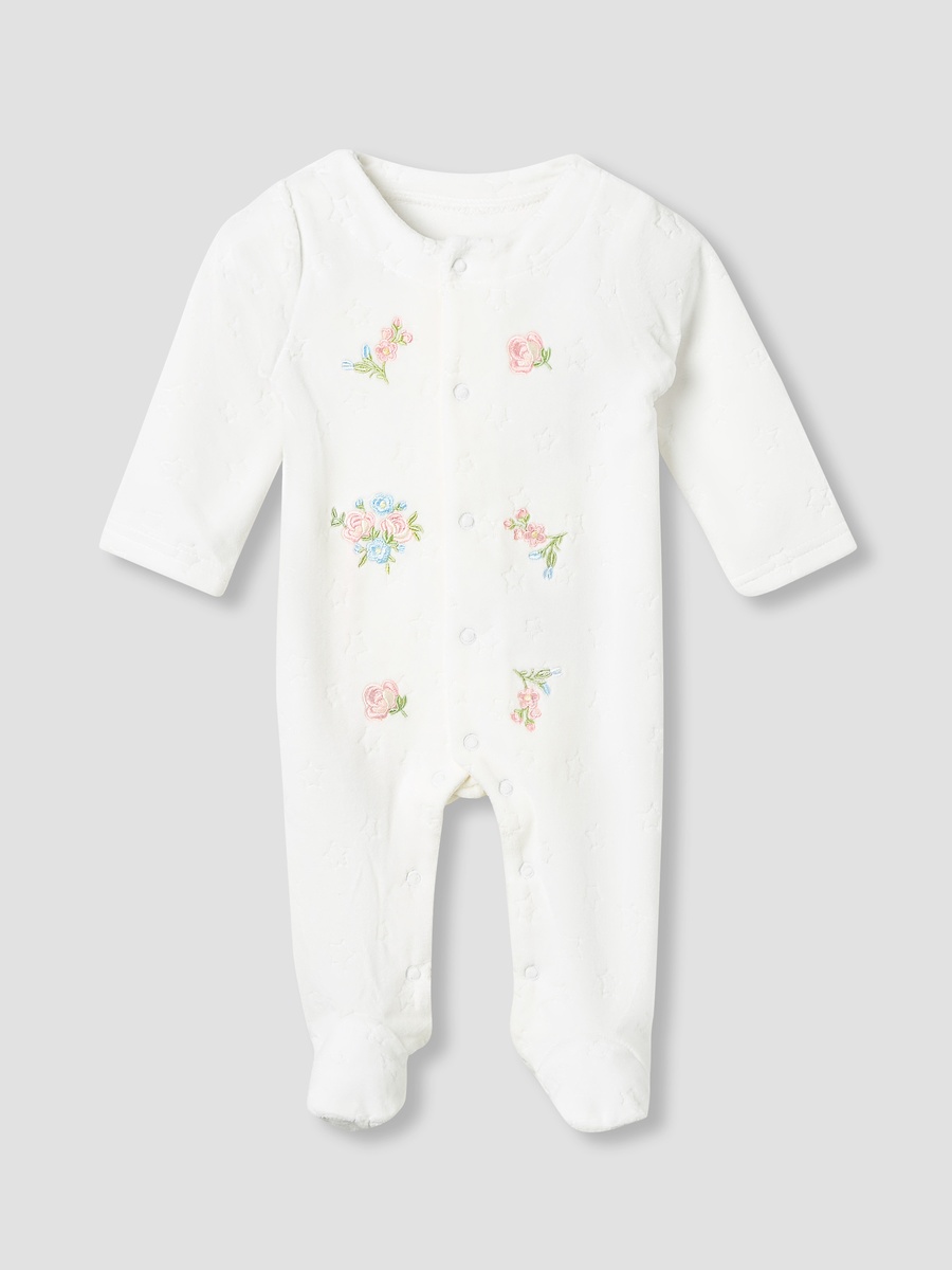 Crew Neck Sleepsuit with Floral Embroidery
