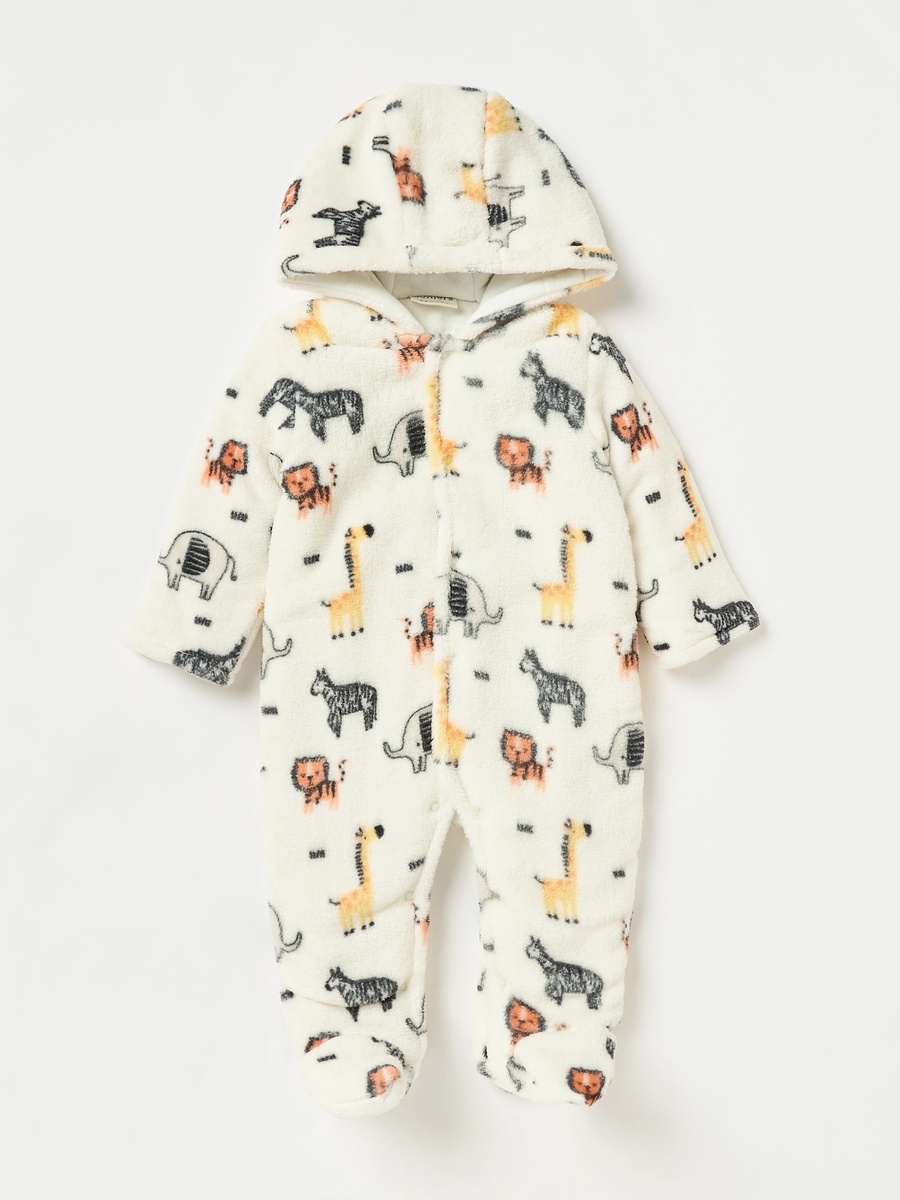 Safari Print Hooded Padded Closed Feet Sleepsuit with Long Sleeves