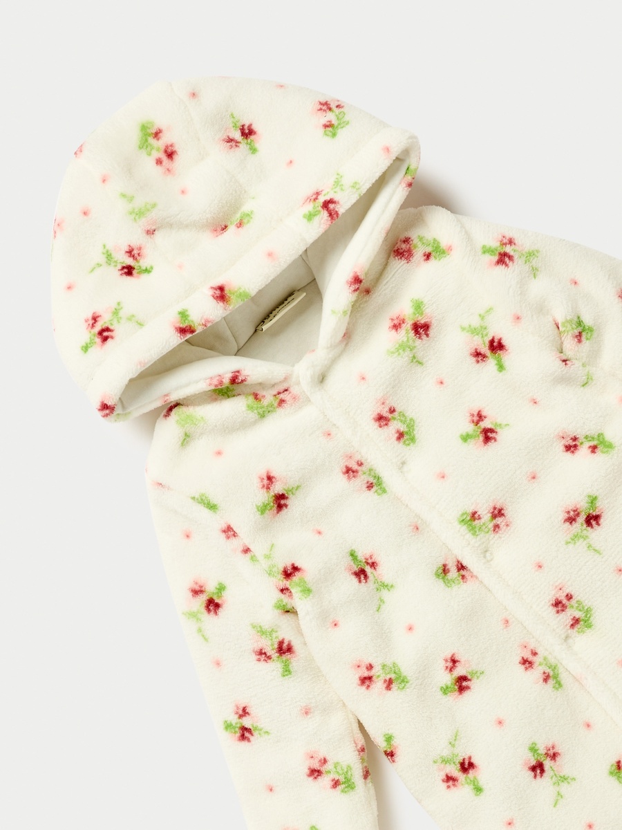 Floral Print Hooded Padded Closed Feet Sleepsuit with Long Sleeves