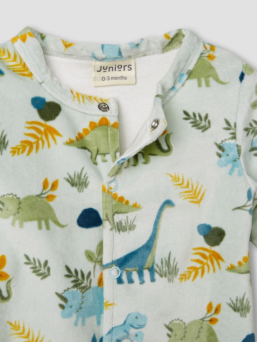 Dinosaur Print Sleepsuit with Long Sleeves and Button Closure