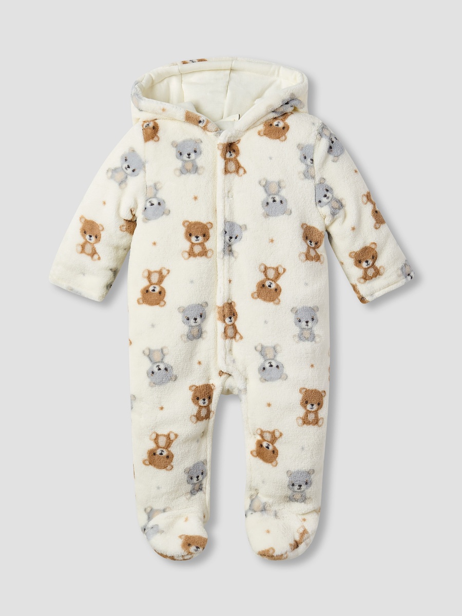 Teddy Bear Print Hooded Fleece Sleepsuit with Long Sleeves