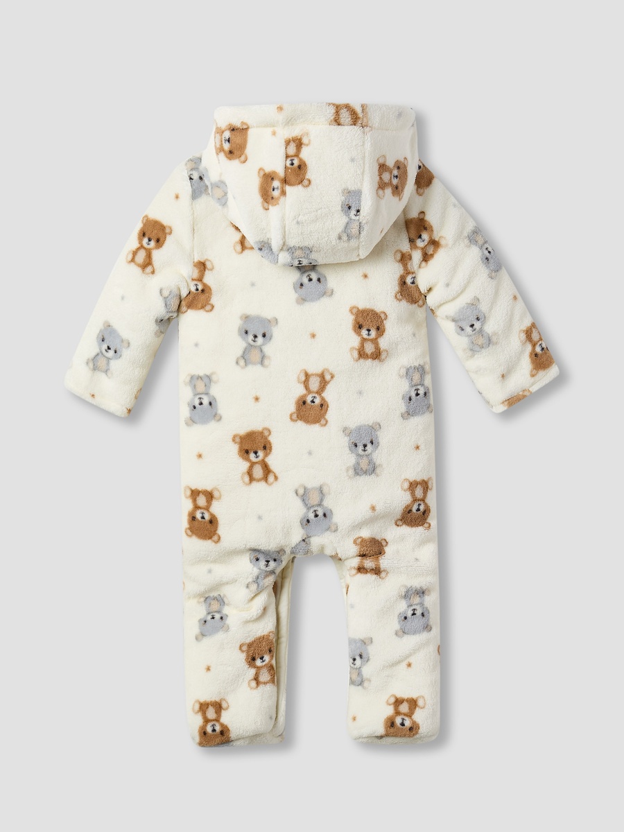 Teddy Bear Print Hooded Fleece Sleepsuit with Long Sleeves