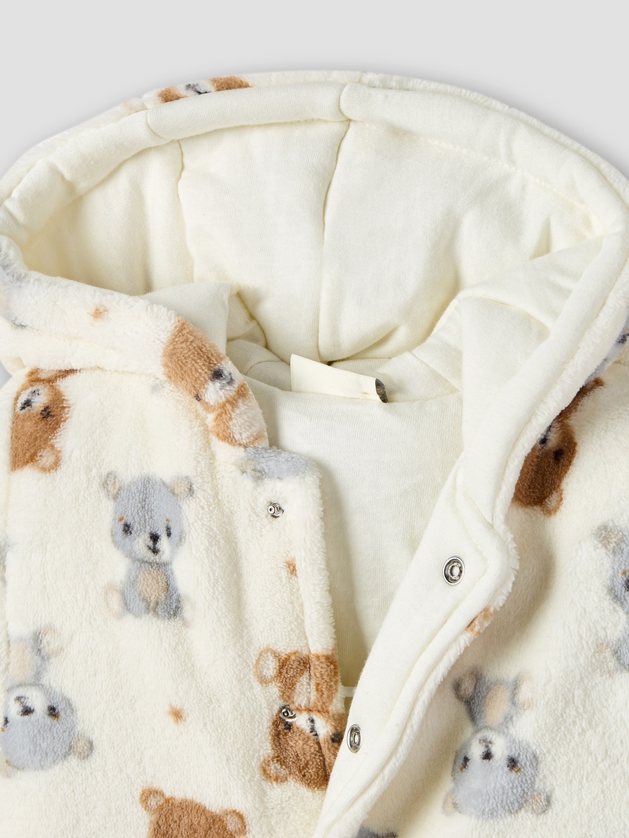 Teddy Bear Print Hooded Fleece Sleepsuit with Long Sleeves