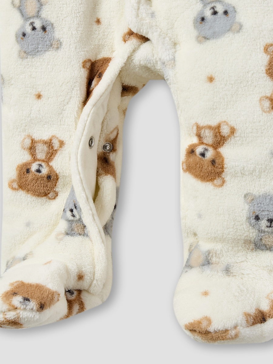 Teddy Bear Print Hooded Fleece Sleepsuit with Long Sleeves