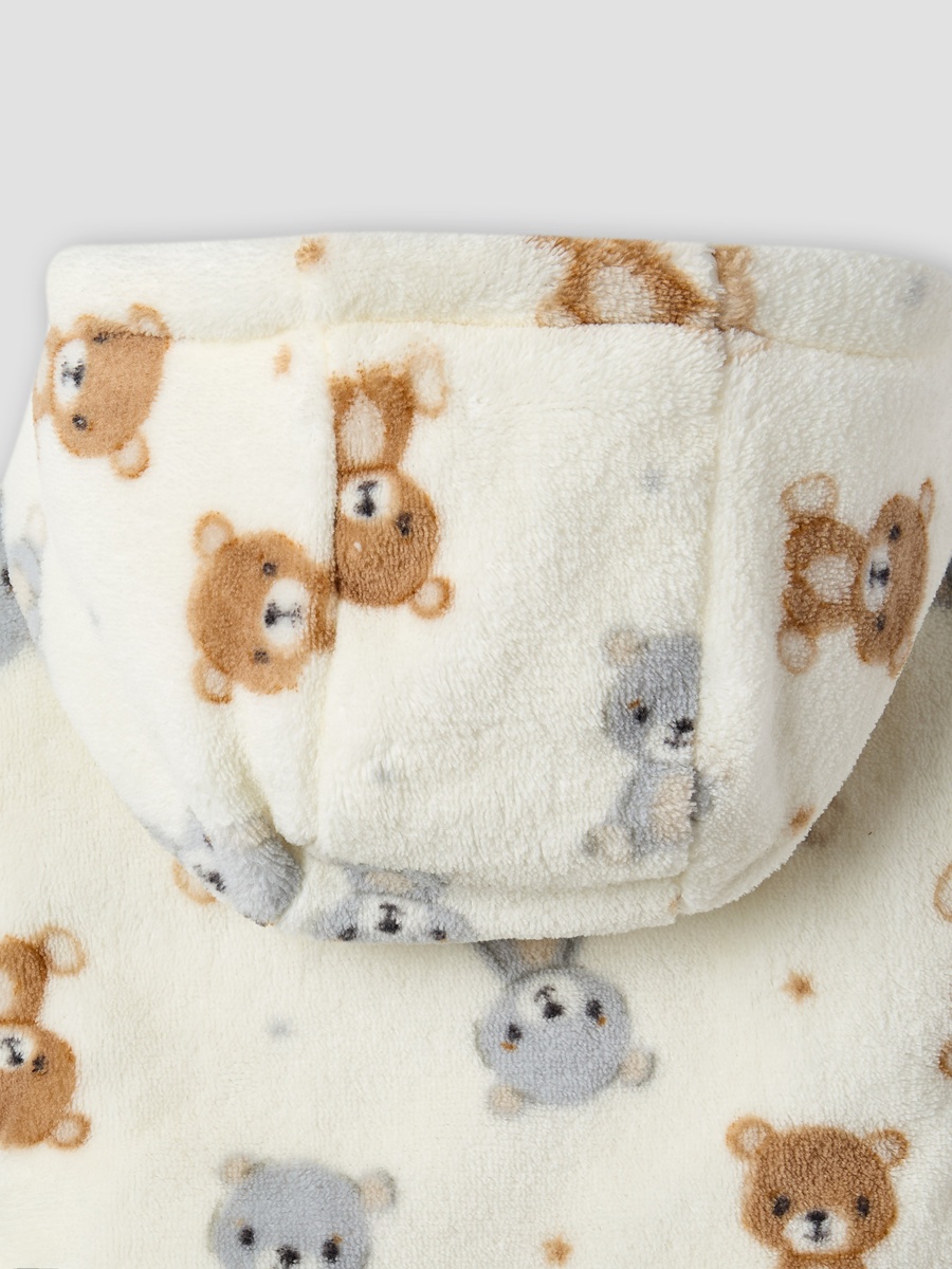 Teddy Bear Print Hooded Fleece Sleepsuit with Long Sleeves