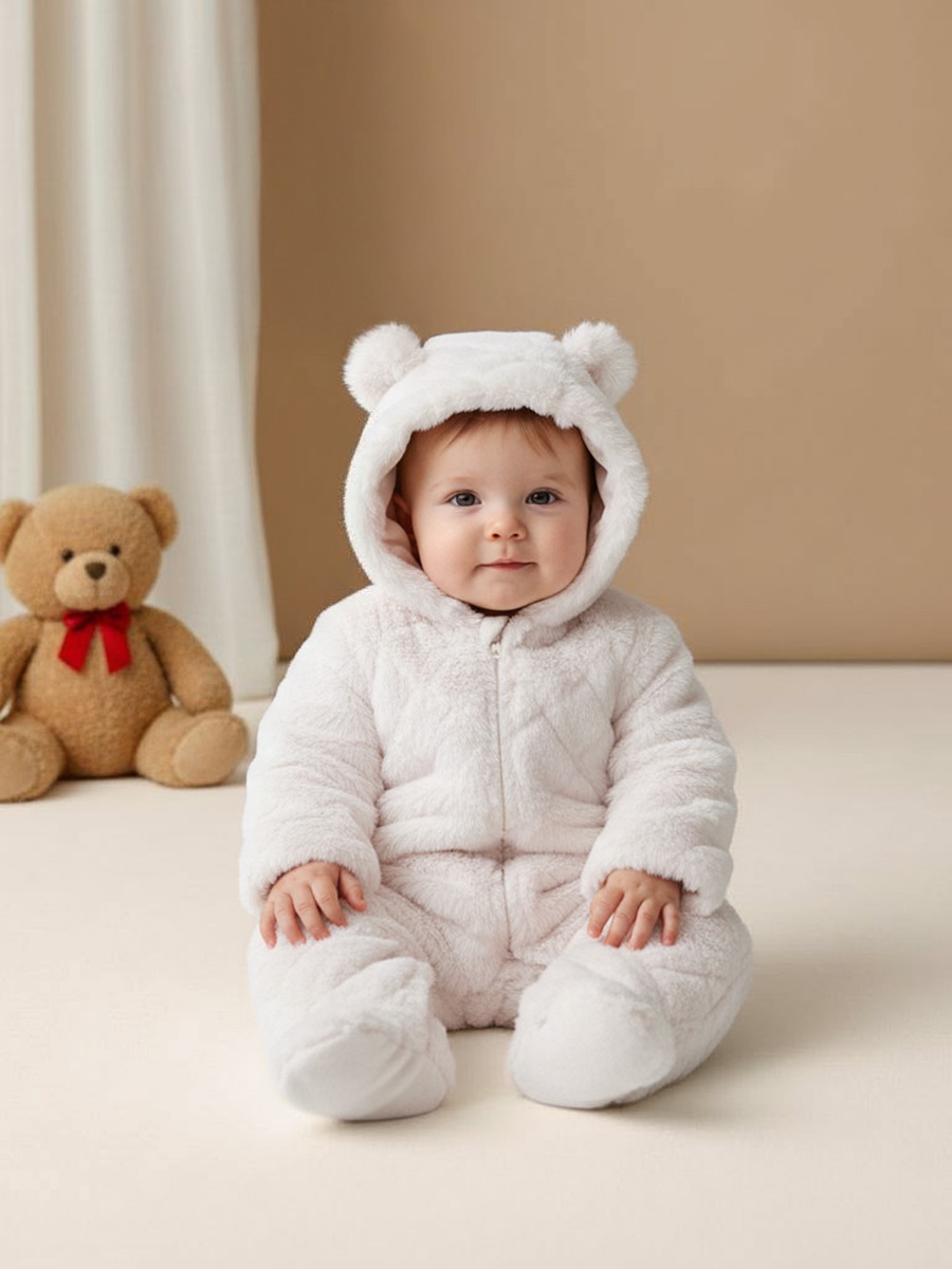 Faux Fur Textured Hooded Sleepsuit with Zip Closure