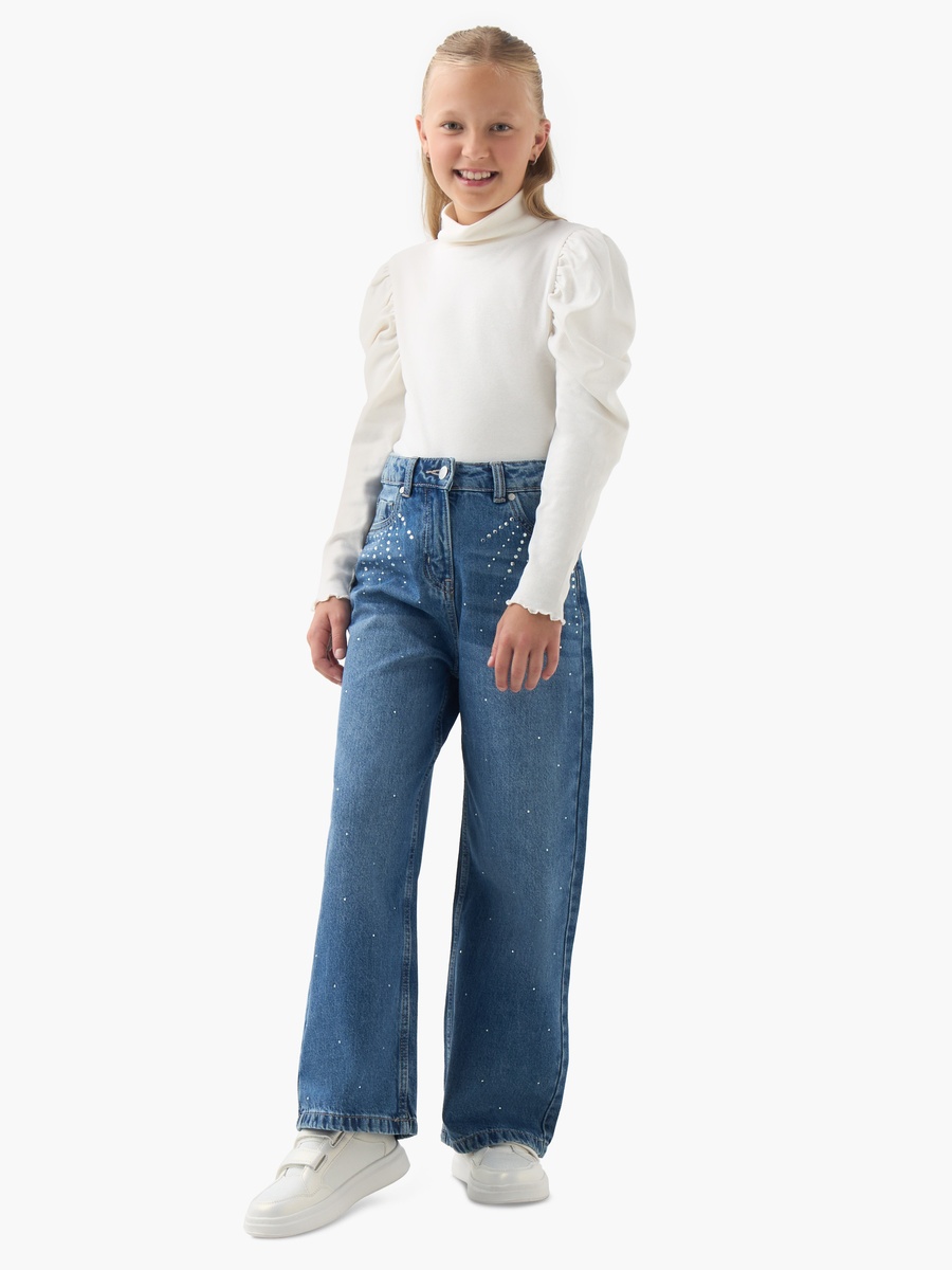 Regular Fit Cotton Jeans with Embellishments and Buttoned Waist