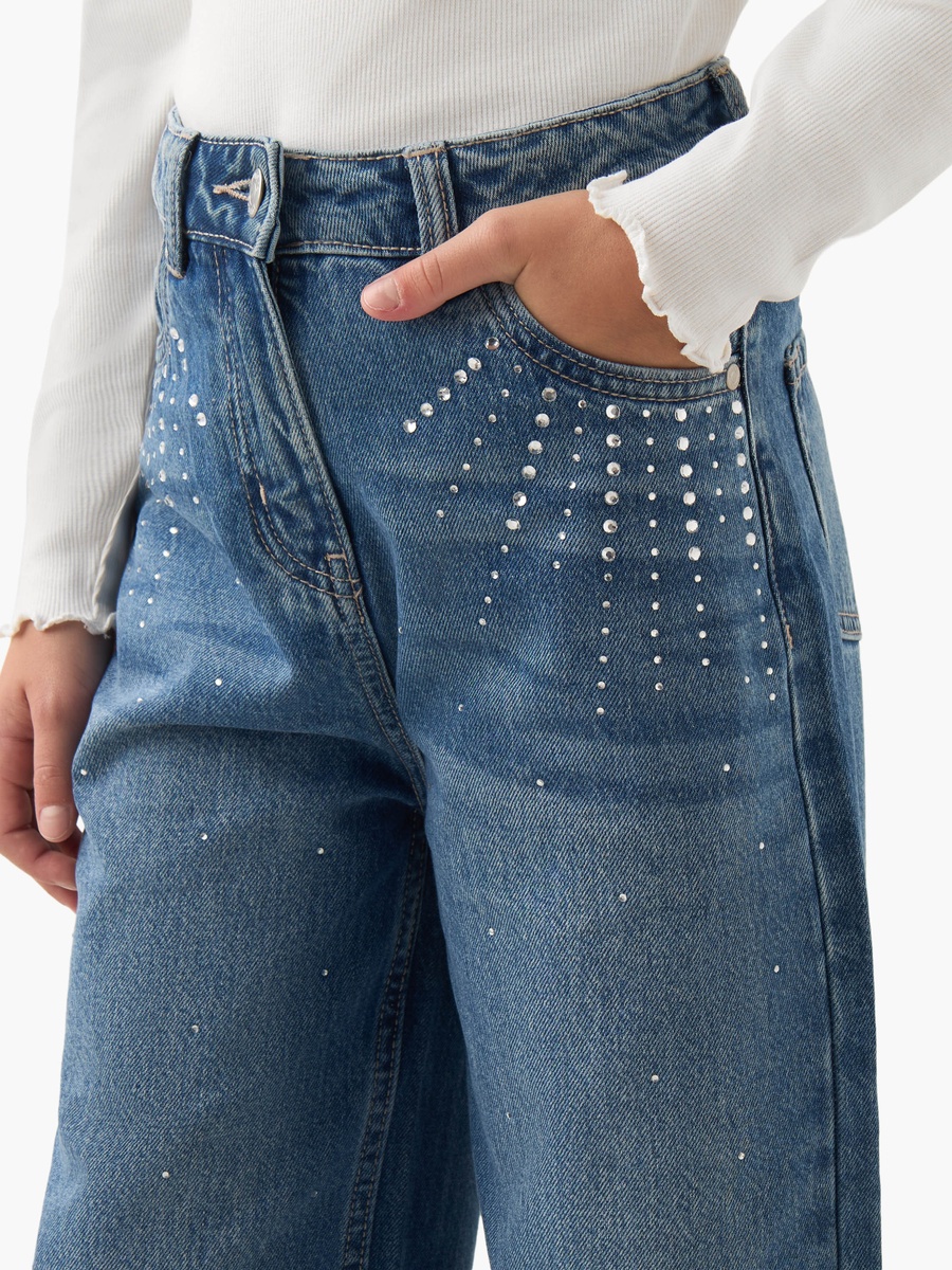 Regular Fit Cotton Jeans with Embellishments and Buttoned Waist