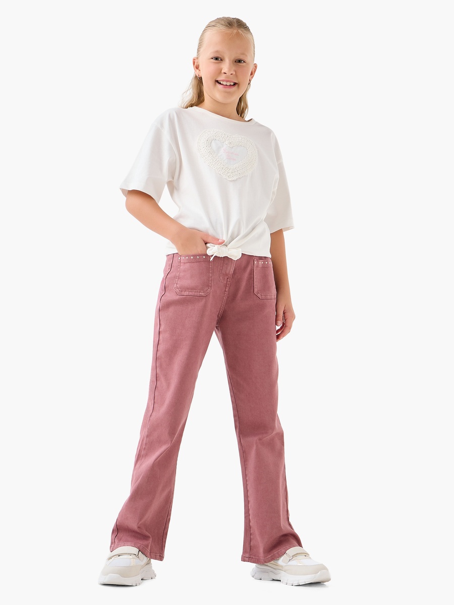 Studded Detail Cotton Bootcut Trousers with Button Waist