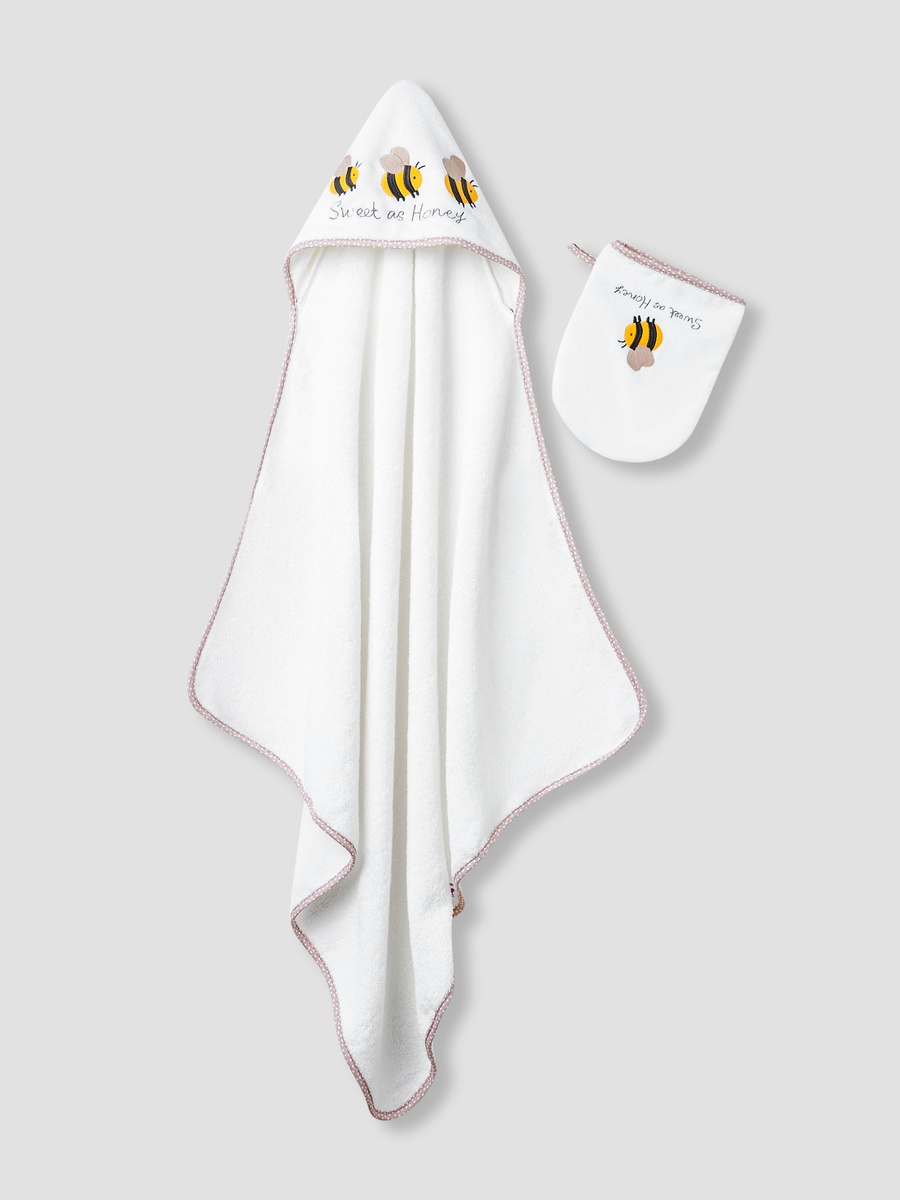 75x75 cm Baby Towel and Mitten with Bee Embroidery