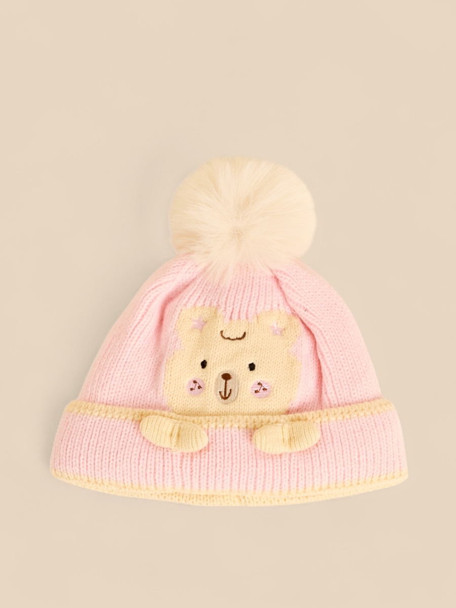 Teddy Embroidered Cap with Pom-Pom Accent
