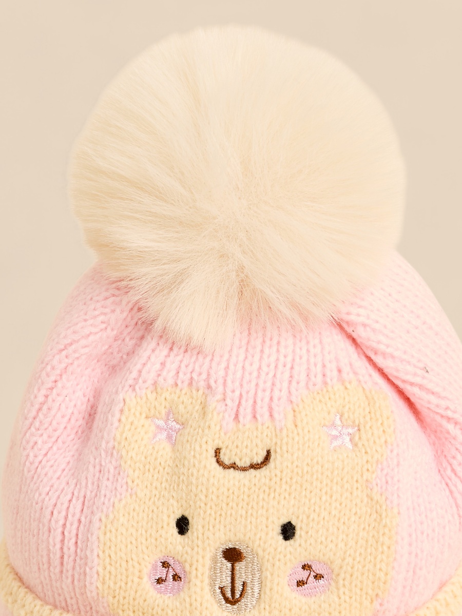 Teddy Embroidered Cap with Pom-Pom Accent