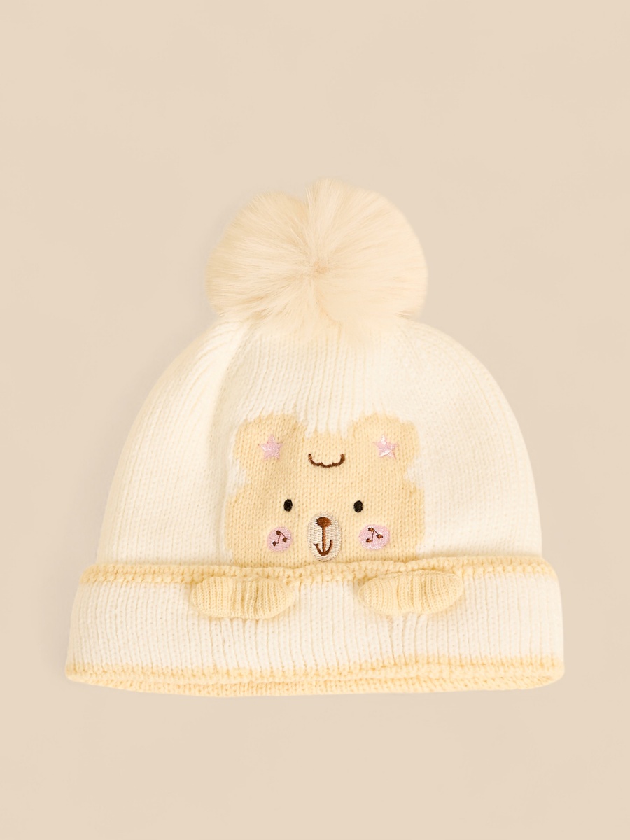 Teddy Embroidered Cap with Pom-Pom Accent