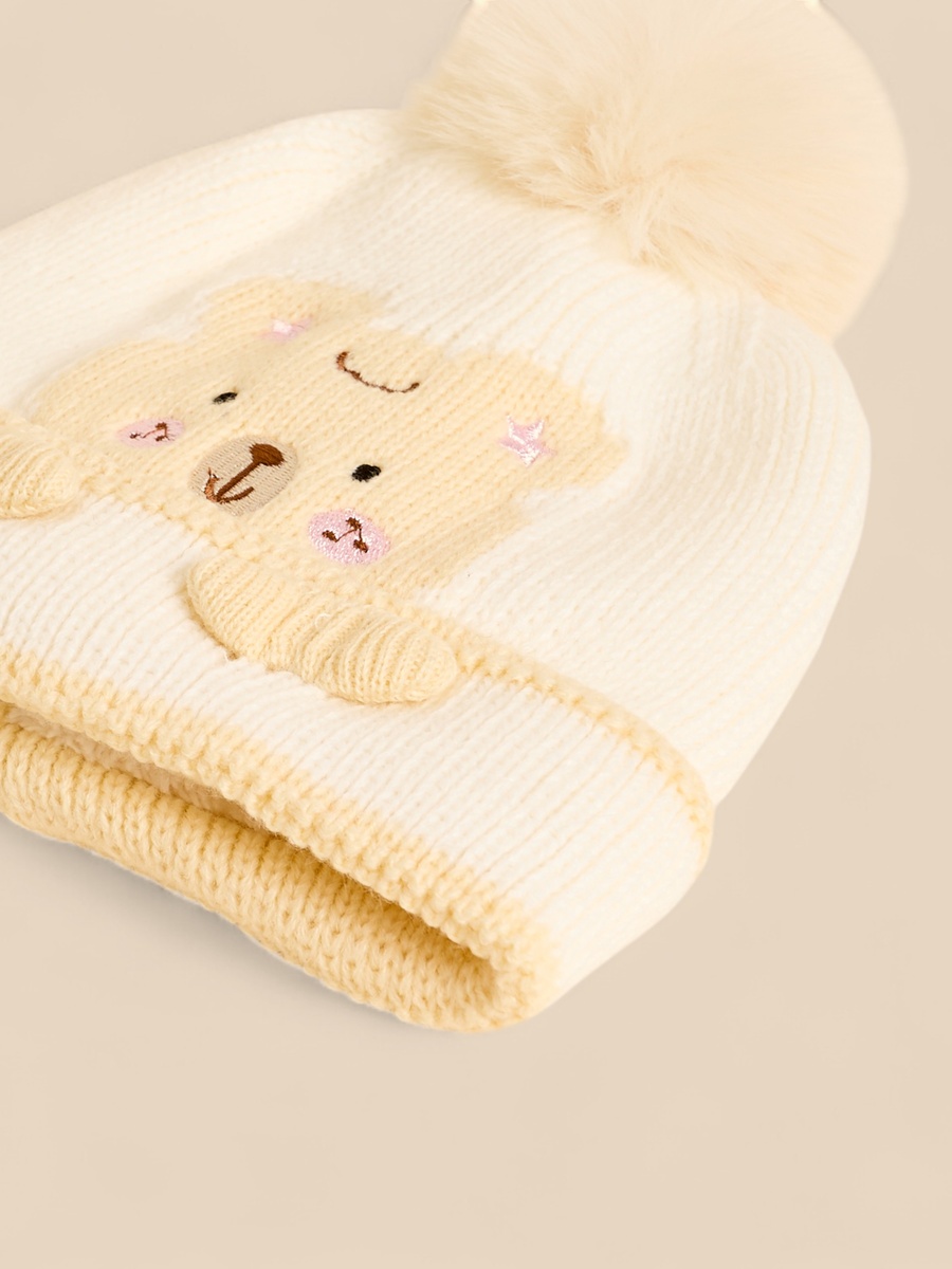 Teddy Embroidered Cap with Pom-Pom Accent