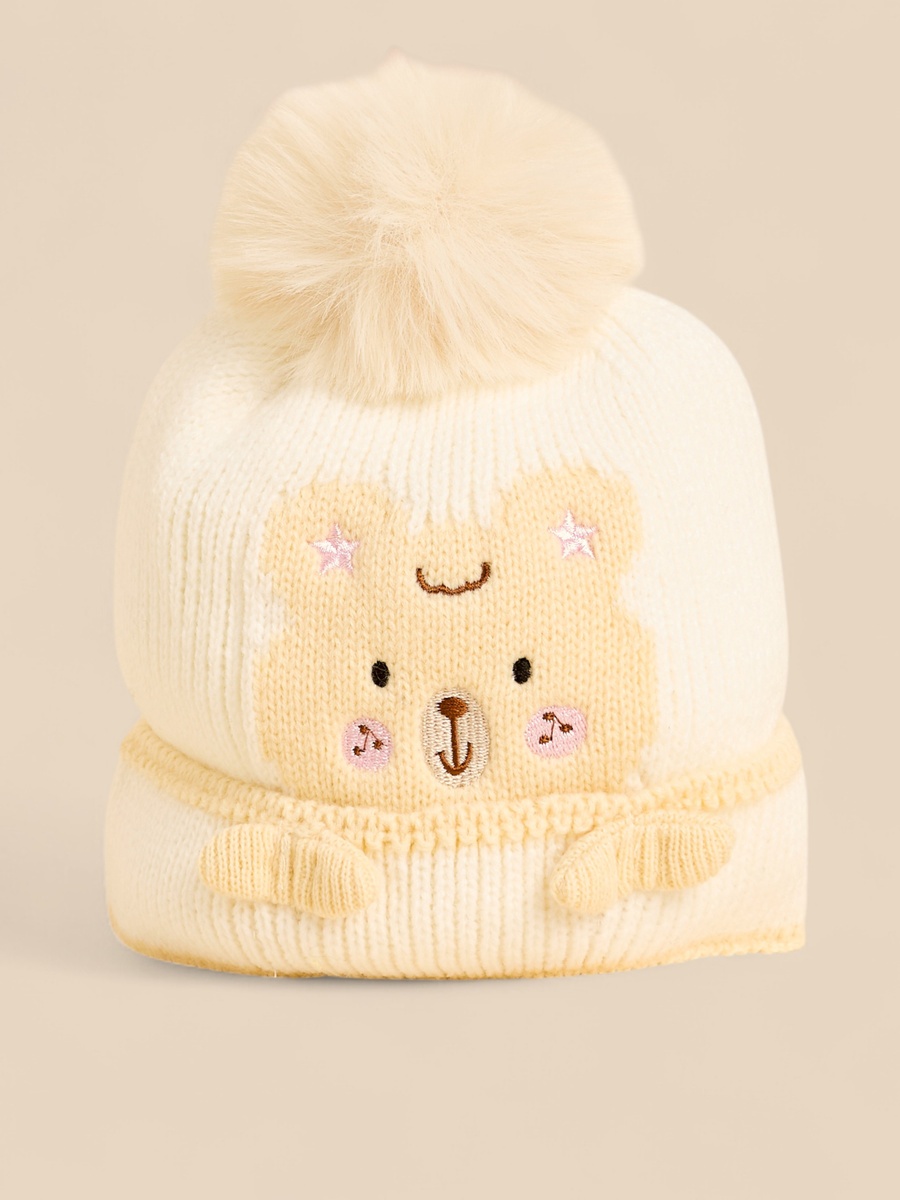 Teddy Embroidered Cap with Pom-Pom Accent