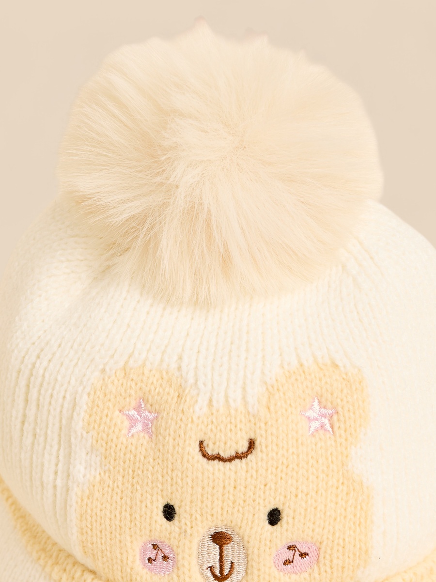 Teddy Embroidered Cap with Pom-Pom Accent