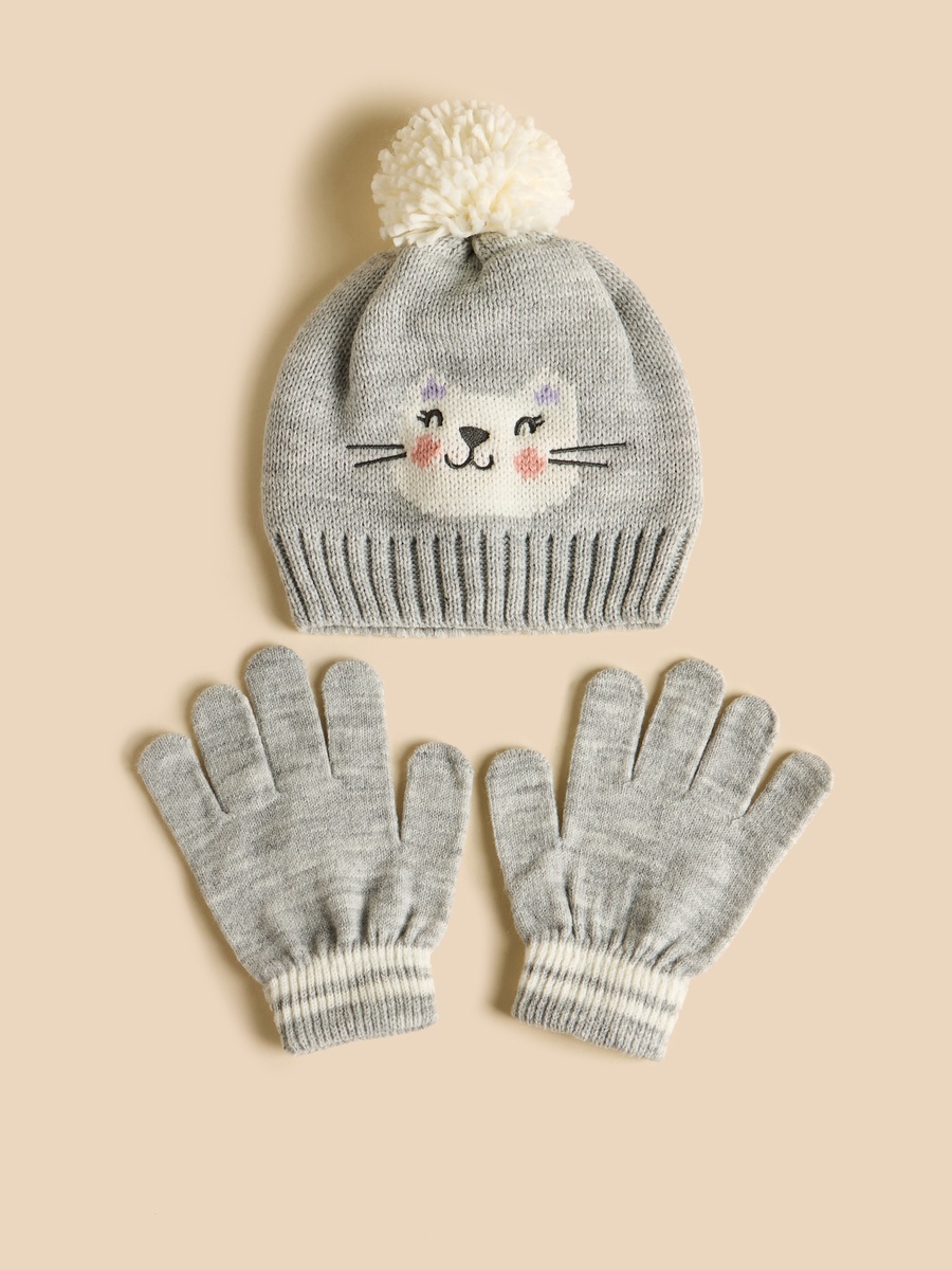 Animal Face Embroidered Beanie Cap with Gloves