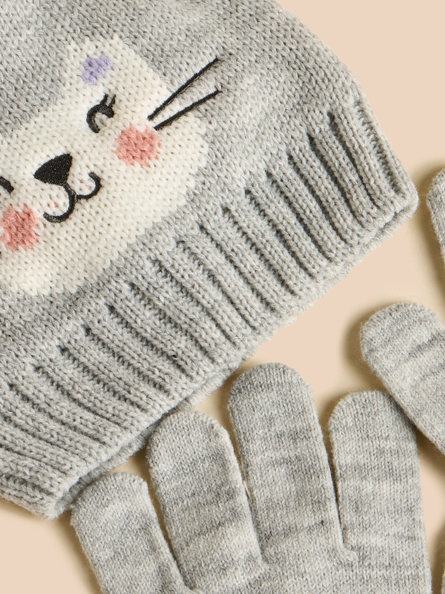 Animal Face Embroidered Beanie Cap with Gloves
