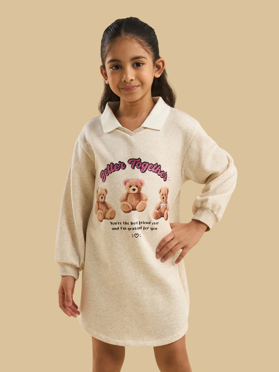 Teddy Bear Print Collared Sweat Dress