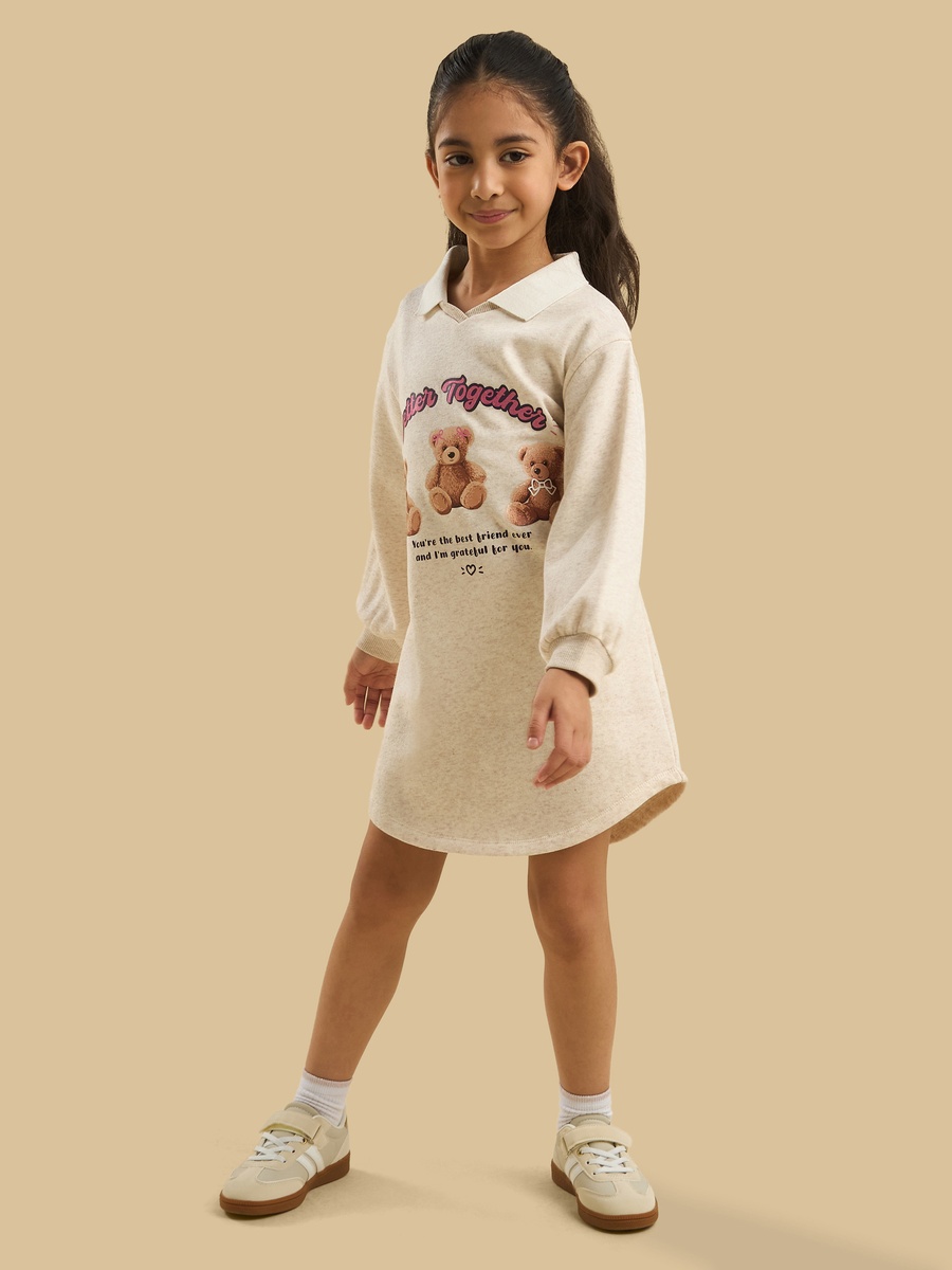 Teddy Bear Print Collared Sweat Dress