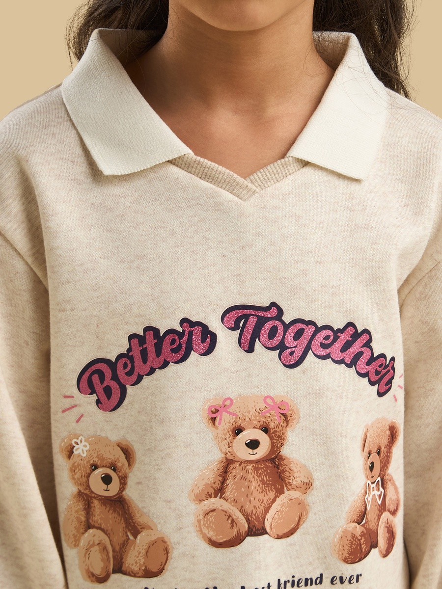 Teddy Bear Print Collared Sweat Dress
