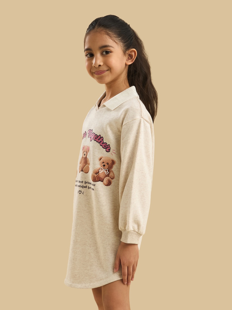 Teddy Bear Print Collared Sweat Dress