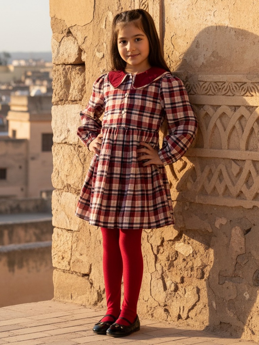 فستان كاروهات مع سروال تحتاني