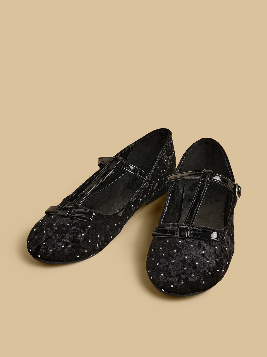 Embellished T-Strap Velvet Ballerina Shoes with Buckle Closure