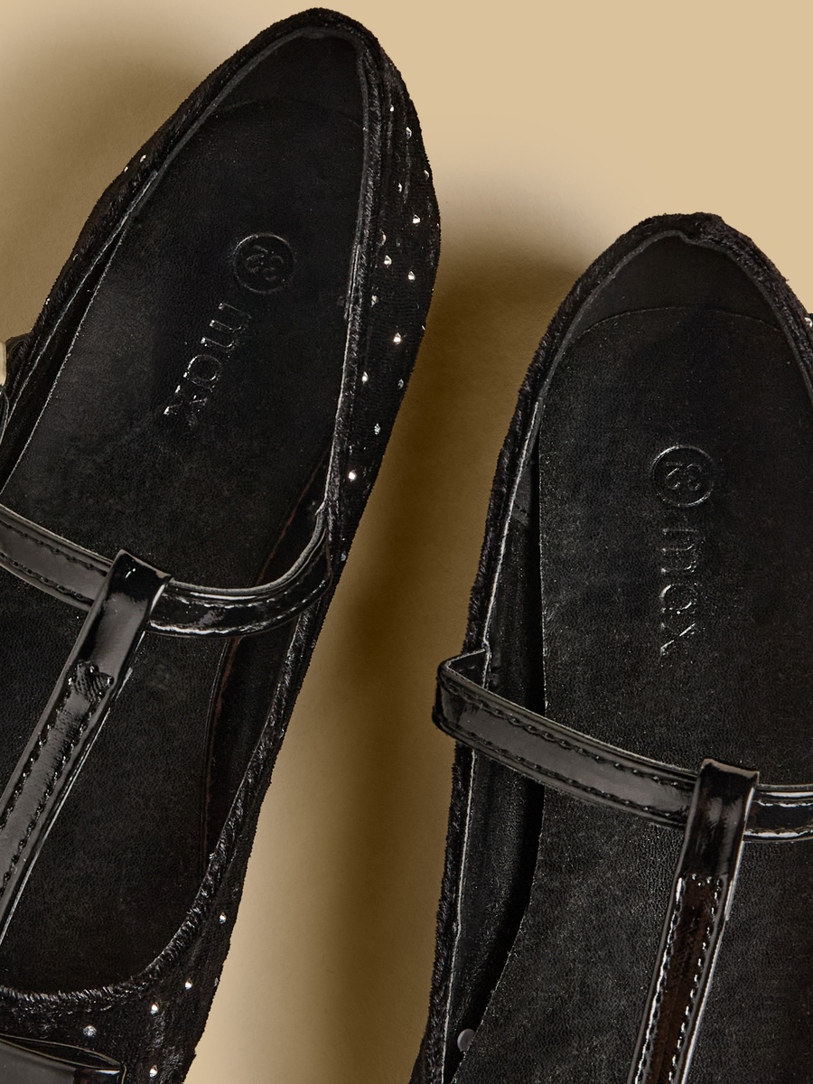 Embellished T-Strap Velvet Ballerina Shoes with Buckle Closure